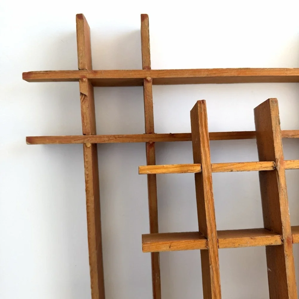 3pc VTG Mcm Curio Shelves Funny Knick Knack Display Handmade Wood Grid Set